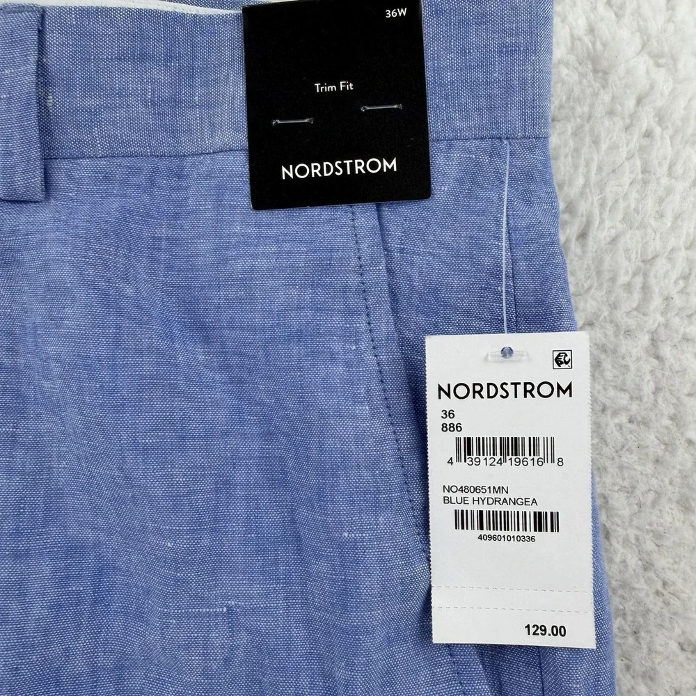 Nordstrom Dress Pants Mens 36 Blue Slim Fit Linen Unhemmed Summer Casual NWT